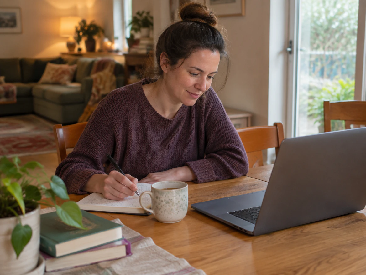 A birth worker studying at home